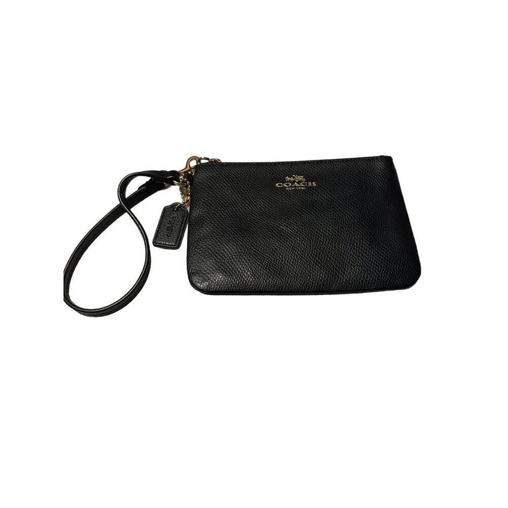 Coach Black Leather Wristlet Clutch Bag With Zipper Closure & Gold Accents Perfe